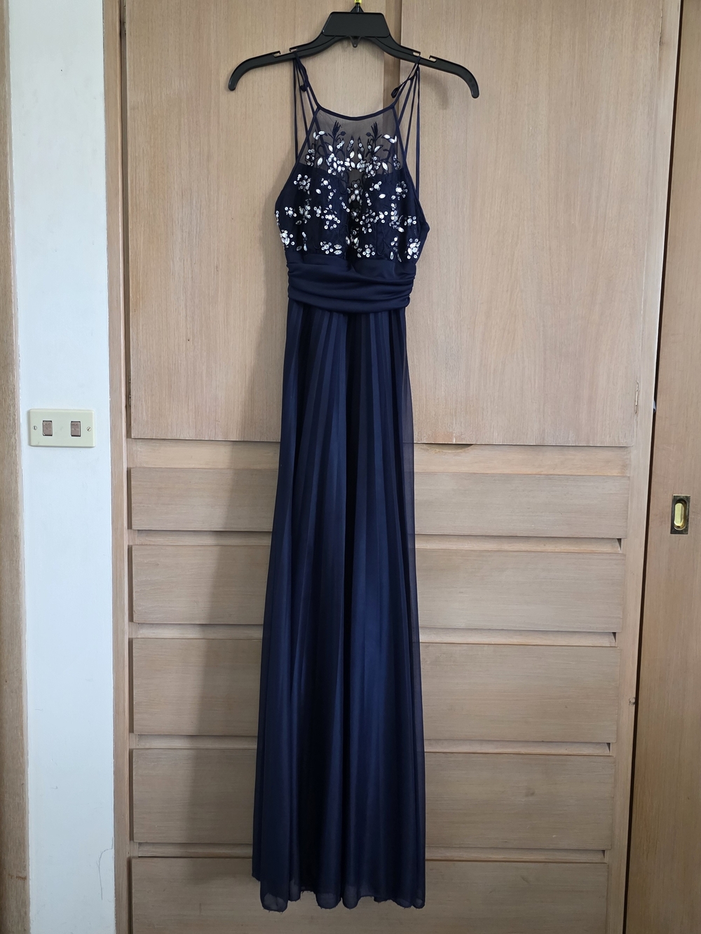Darling Navy Beaded Illusion Yoke Prom Dress